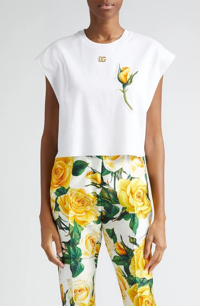 Dolce & Gabbana Rose Appliqué Crop Cotton T-Shirt Bianco Ottico at Nordstrom, Us