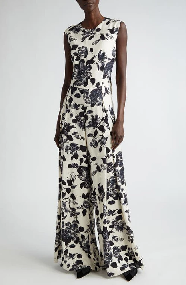 Emilia Wickstead Maduri Floral Print Wide Leg Twill Jumpsuit Black Flowers On Ivory at Nordstrom, Us