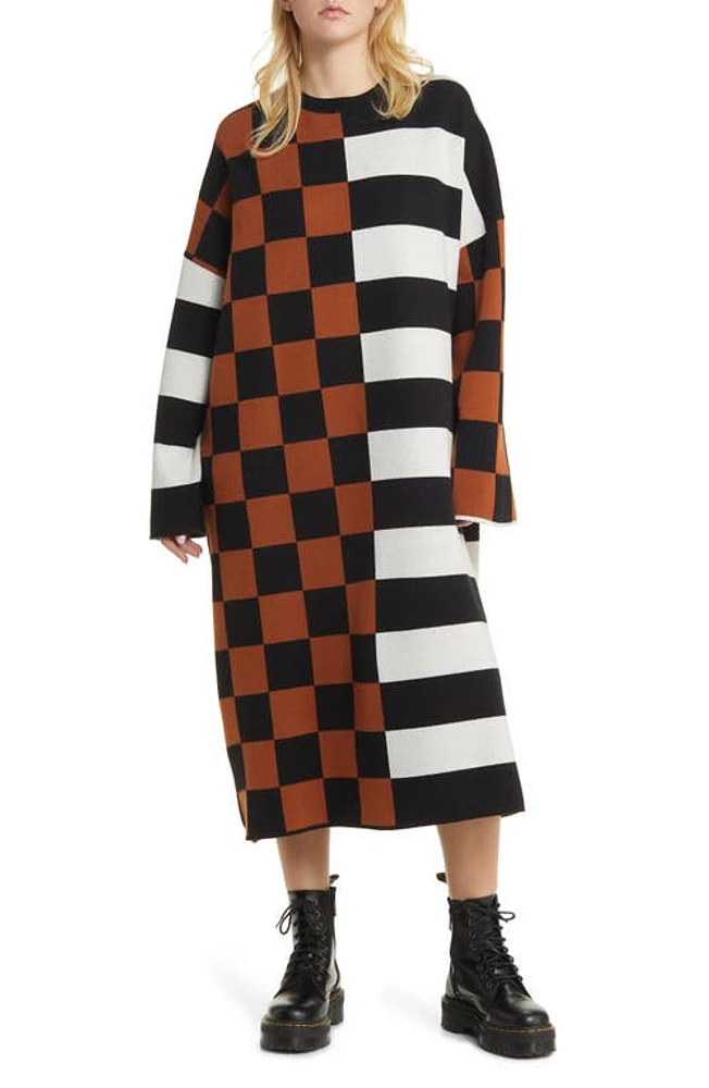 Dressed Lala Check & Stripe Long Sleeve Sweater Dress Black Brown White at Nordstrom,