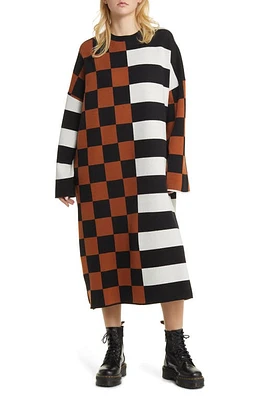 Dressed Lala Check & Stripe Long Sleeve Sweater Dress Black Brown White at Nordstrom,