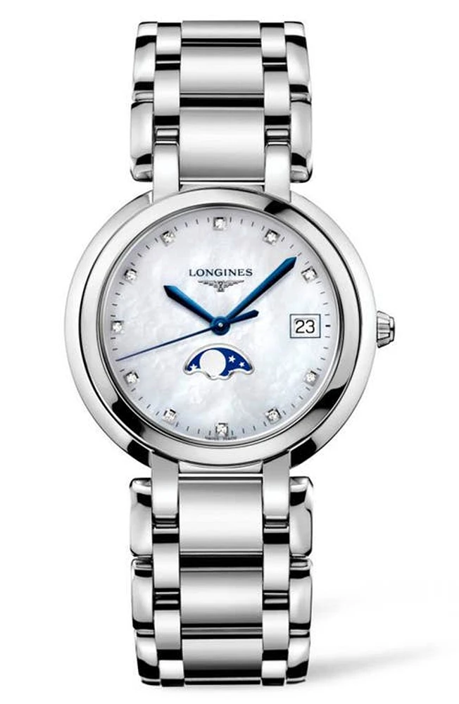 Longines PrimaLuna Diamond Bracelet Watch, 30mm in Silver/Mop/Silver at Nordstrom