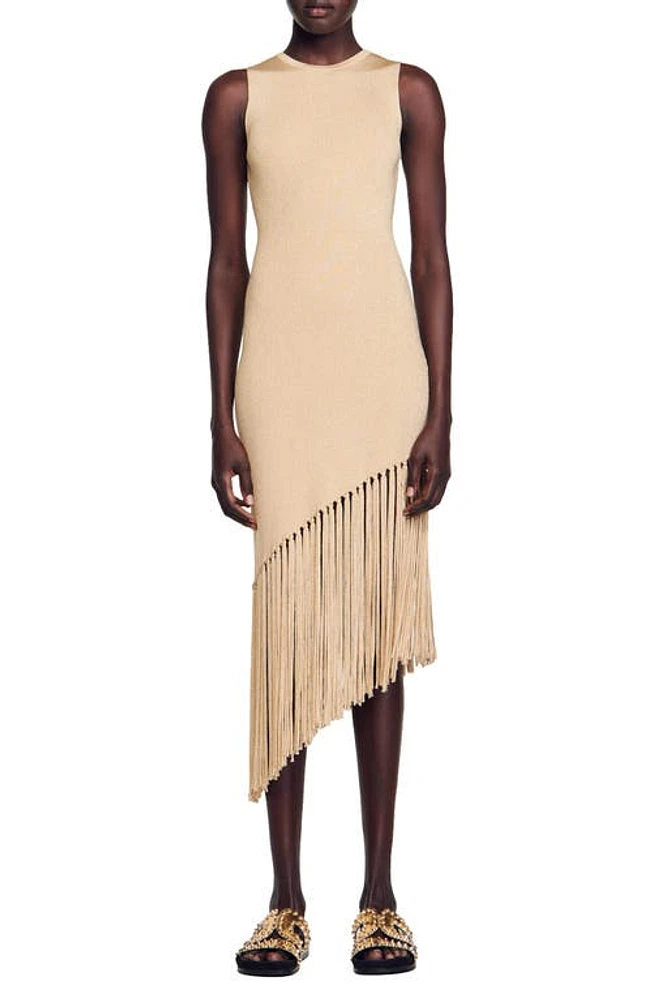 sandro Hantas Metallic Sleeveless Asymmetric Fringe Sweater Dress Gold at Nordstrom,