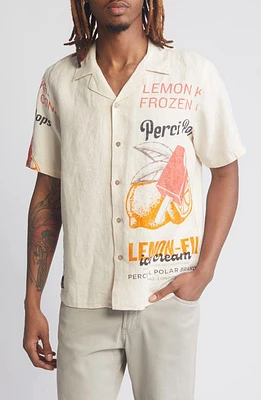 Percival Lemon Kreme Short Sleeve Linen Graphic Button-Up Shirt Natural at Nordstrom, R