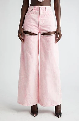 Area Crystal Slit Wide Leg Jeans Powder Pink at Nordstrom,