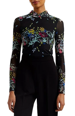 Ted Baker London Amandha Print Mesh Top in Black at Nordstrom, Size 0