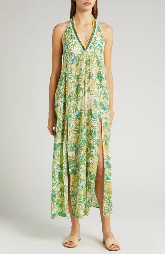 Poupette St Barth Nava Print Fringe Cover-Up Maxi Dress Green Orchid Ocn at Nordstrom,