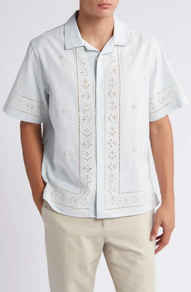 Wax London Didcot Cotton & Linen Camp Shirt Blue at Nordstrom,