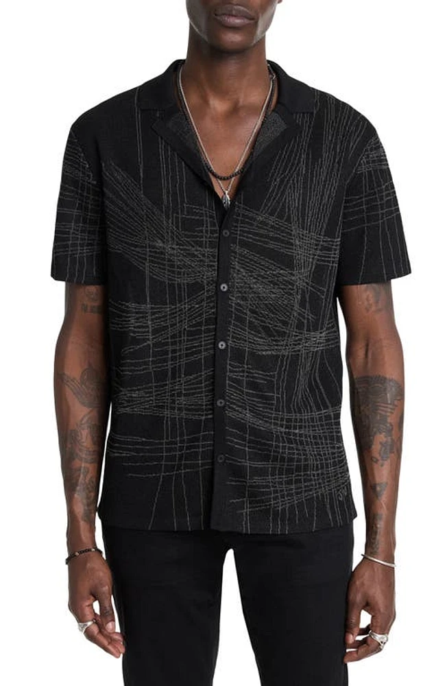 John Varvatos Simon Unraveling Jacquard Camp Shirt Black at Nordstrom,