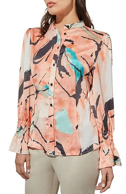 Ming Wang Abstract Print Long Sleeve Button-Up Shirt Coral Sand/oceanfront/limeston at Nordstrom,