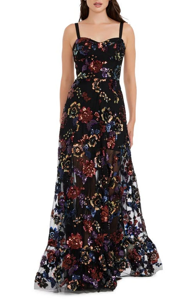 Dress the Population Anabel Sequin Floral Gown Black Multi at Nordstrom,