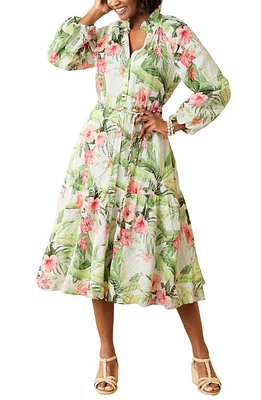 Tommy Bahama Daybreak Hibiscus Floral Long Sleeve Linen Midi Dress White at Nordstrom,