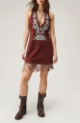 NASTY GAL Embellished Fringe Trim Suede Halter Minidress Tan at Nordstrom,