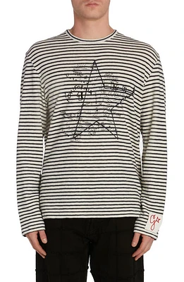 Golden Goose Embroidered Graffiti Stripe Cotton & Linen Long Sleeve T-Shirt Ecru/Mazarine Blue at Nordstrom,