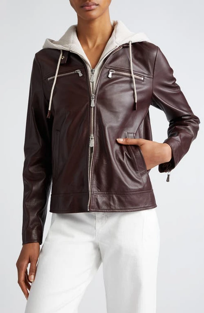 Eleventy Leather Biker Jacket with Removable Hooded Bib Cookie at Nordstrom, Us