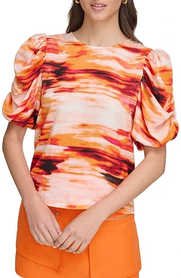 DKNY Print Puff Sleeve Satin Top Multi at Nordstrom,