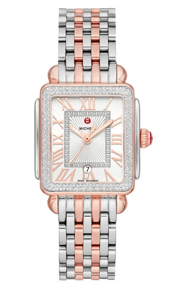 MICHELE Deco Madison Mid Diamond Two-Tone Bracelet Watch, 29mm x 31mm in Rose Gold/Silver at Nordstrom