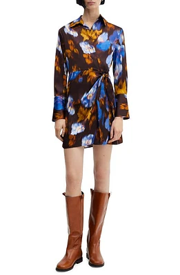 MANGO Long Sleeve Satin Wrap Dress Brown at Nordstrom,