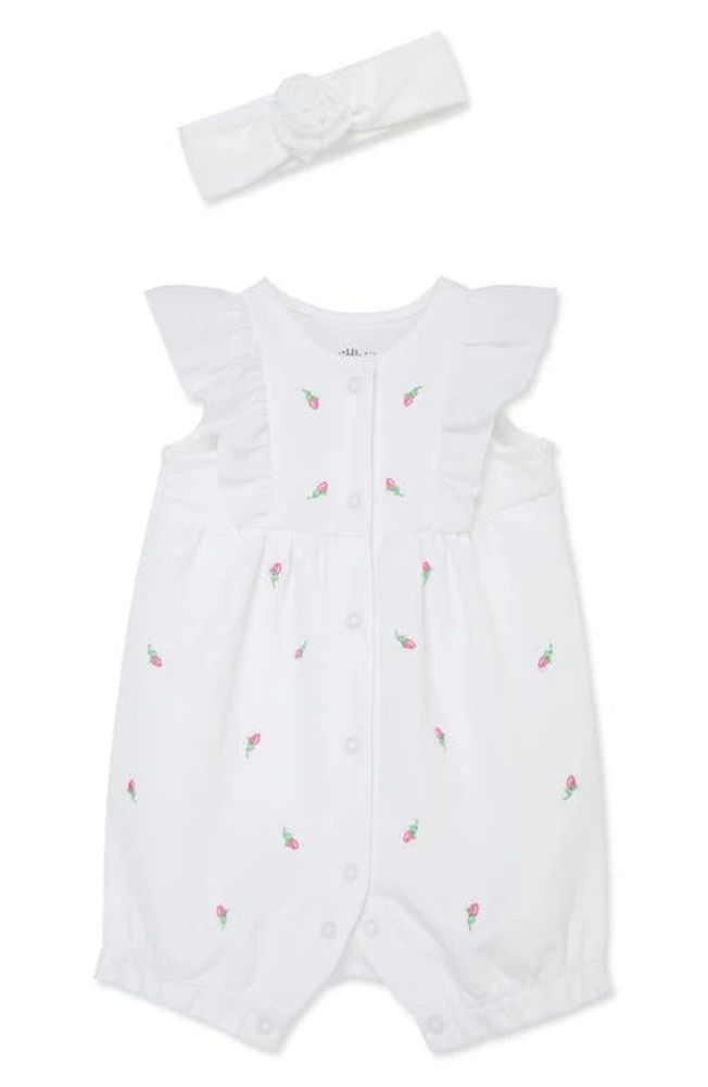 Little Me Rosebud Embroidered Cotton Romper & Headband Set White at Nordstrom,