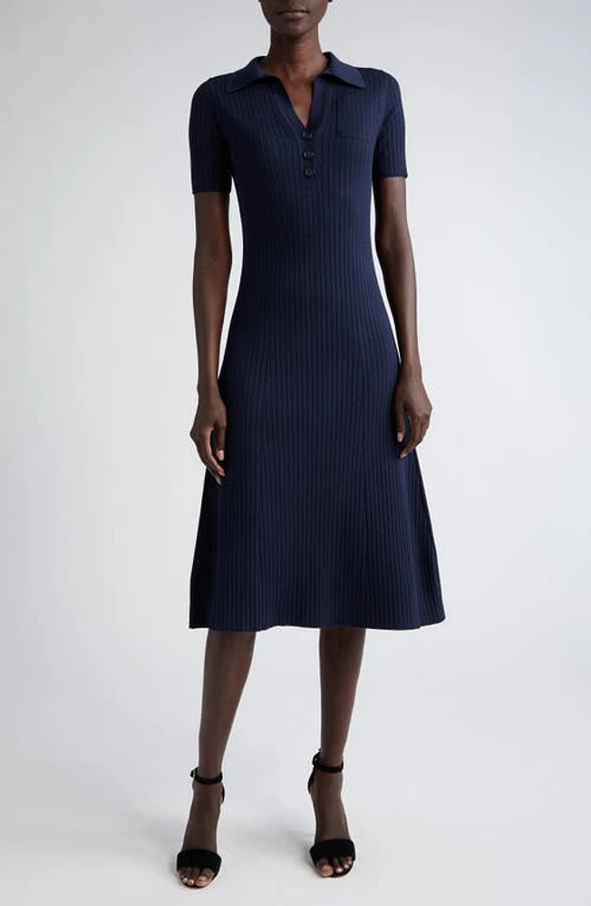 Akris Polo Collar Rib Wool Blend Sweater Dress Navy at Nordstrom,