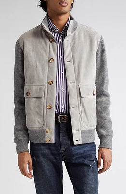 Brunello Cucinelli Suede & Cashmere Knit Jacket in Light Grey at Nordstrom, Size X-Large