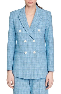 sandro Double-Breasted Tweed Blazer Blue at Nordstrom,