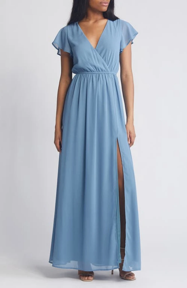 Lulus Lost the Moment Flutter Sleeve Gown Slate Blue at Nordstrom,