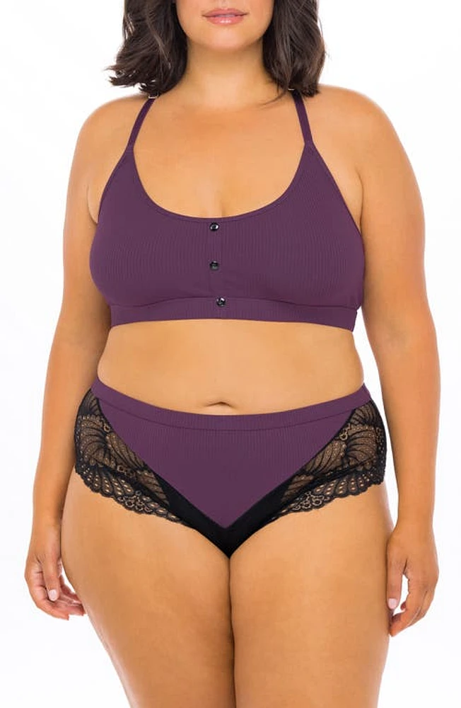 Oh La La Cheri Lace Trim Rib / Bralette & Briefs Set in Dark Purple at Nordstrom, Size 1X