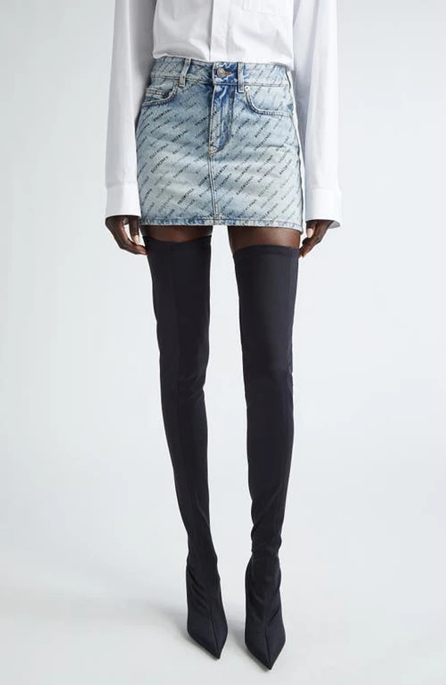 Balenciaga Logo Print Low Rise Denim Miniskirt Iced Blue at Nordstrom, Us