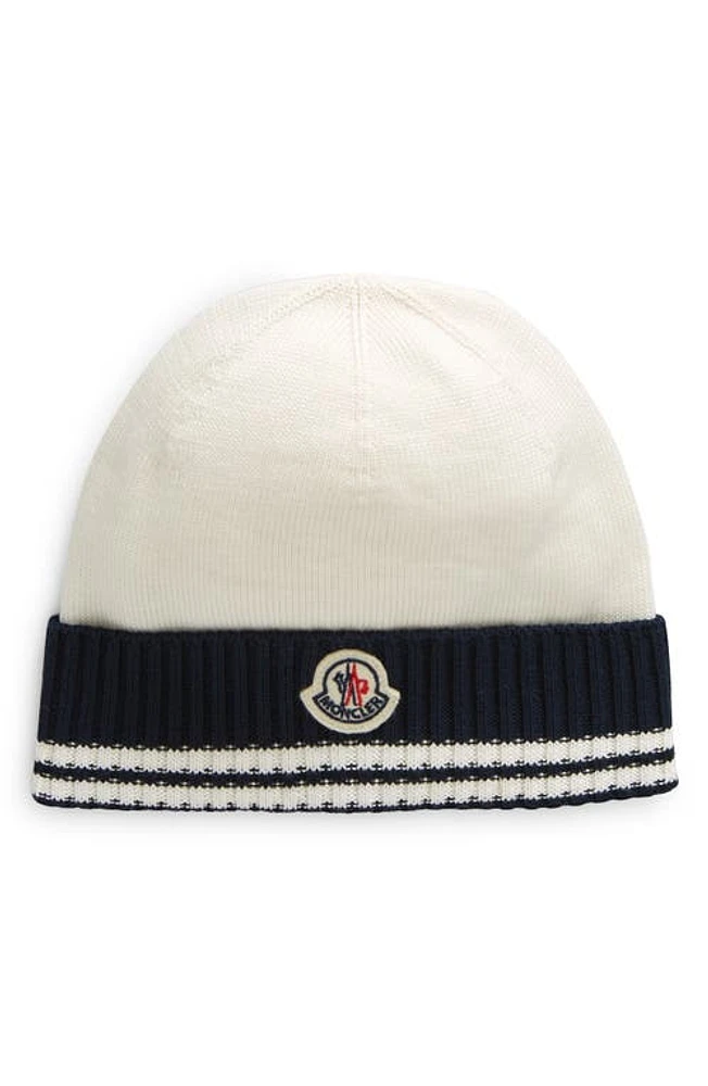 Moncler Kids' Stripe Cuff Logo Patch Beanie Blue Navy at Nordstrom,