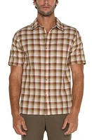 Liverpool Los Angeles Plaid Short Sleeve Cotton & Linen Button-Up Shirt Tan Green Multi at Nordstrom,