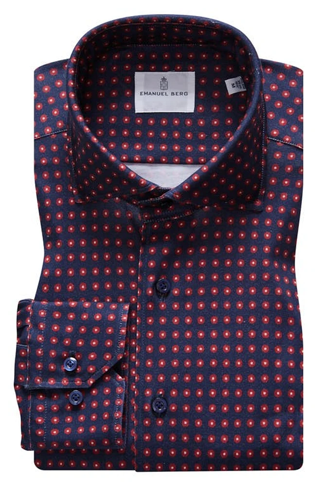 Emanuel Berg 4Flex Modern Fit Print Knit Button-Up Shirt Blue/Dark Red at Nordstrom,