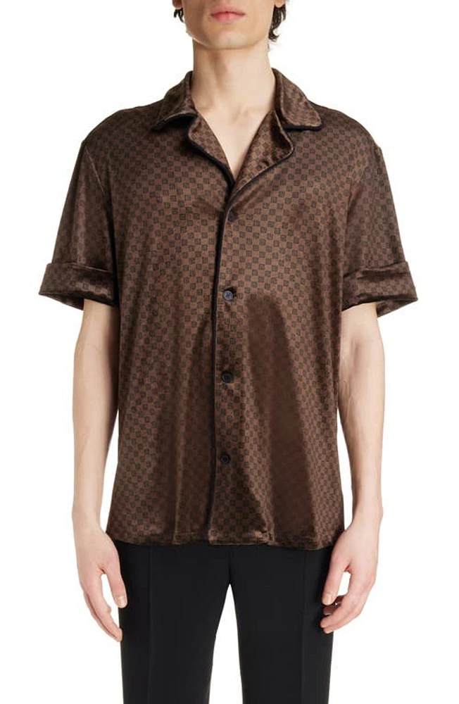 Balmain Mini Monogram Short Sleeve Velvet Button-Up Shirt Wfp Brown/Multi at Nordstrom, Us