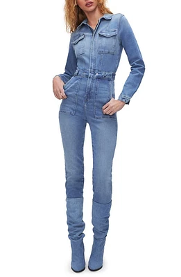 Good American Fit For Success Long Sleeve Denim Jumpsuit Blue691 at Nordstrom,