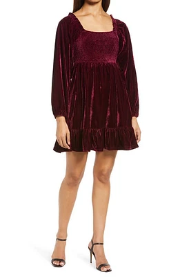 BTFL-life Velvet Long Sleeve Babydoll Dress Dark Burgundy at Nordstrom,