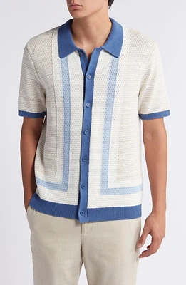 Wax London Tellaro Pointelle Knit Button-Up Shirt Blue /Ecru at Nordstrom,