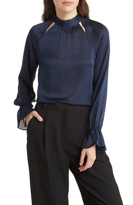 Ted Baker London Joanha High Mock Neck Satin Blouse in Dark Blue at Nordstrom, Size 4