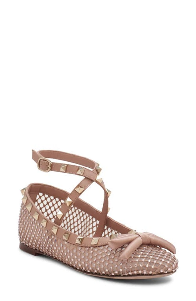 Valentino Garavani Rockstud Crystal Mesh Ankle Strap Ballet Flat Silk/Rose Cannelle at Nordstrom,