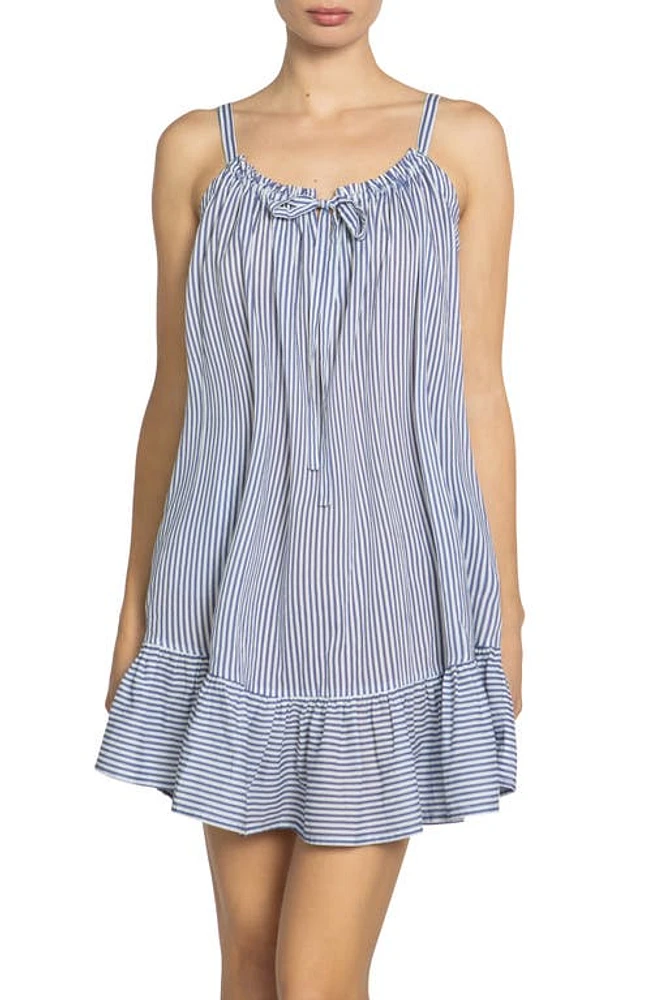 Robin Piccone Harper Stripe Ruffle Hem Cover-Up Dress Blue at Nordstrom,