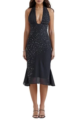 HOUSE OF CB Jovanna Plunge Halter Midi Cocktail Dress in Navy at Nordstrom, Size Medium