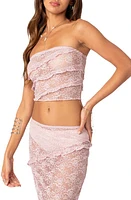 EDIKTED Myra Sheer Crop Ruffle Lace Tube Top Light-Pink at Nordstrom,