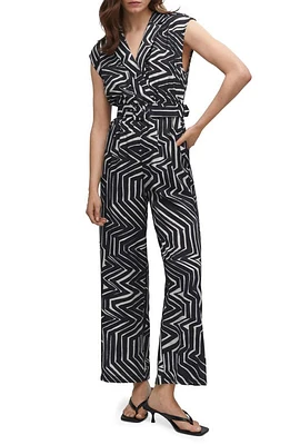 MANGO Belted Geometric Print Jumpsuit in Black at Nordstrom, Size X-Small