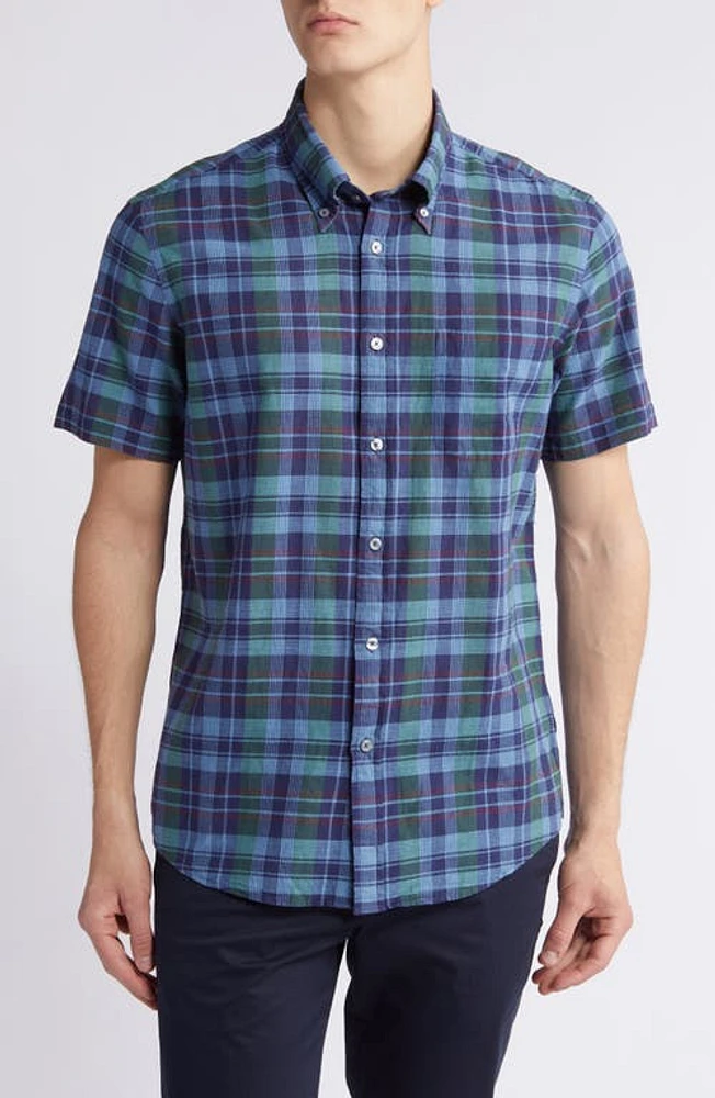 Brooks Brothers Regular Fit Plaid Short Sleeve Cotton Madras Button-Down Shirt Dark Blues at Nordstrom,