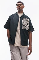 Topman Oversize Squiggle Print Camp Shirt Dark Green at Nordstrom,