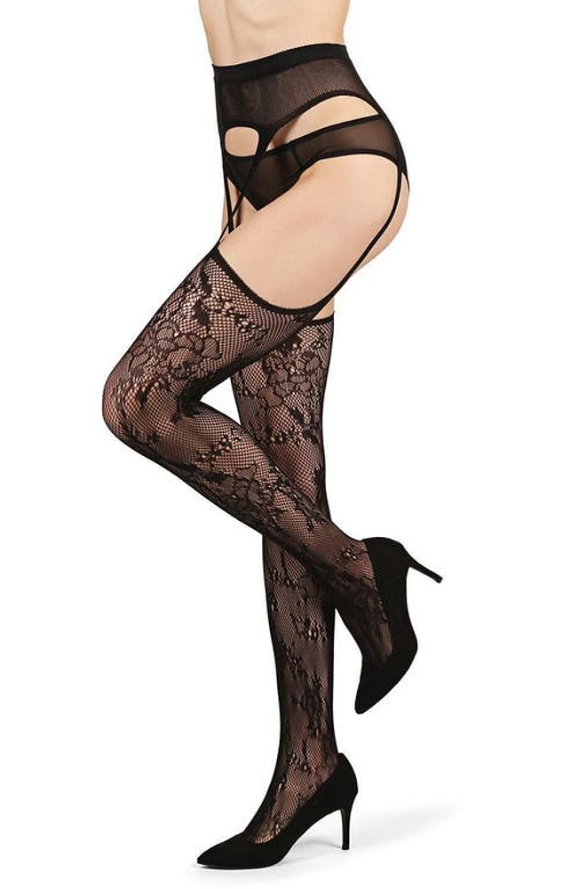 MeMoi All-in-One Lace Suspender Tights Black at Nordstrom,