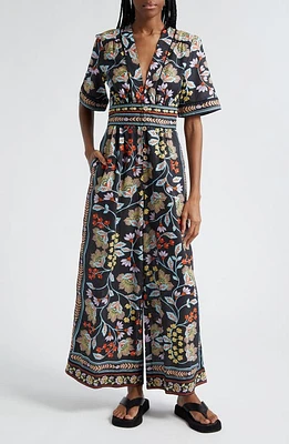 FARM Rio Flowery Button Front Wide Leg Jumpsuit Black at Nordstrom,