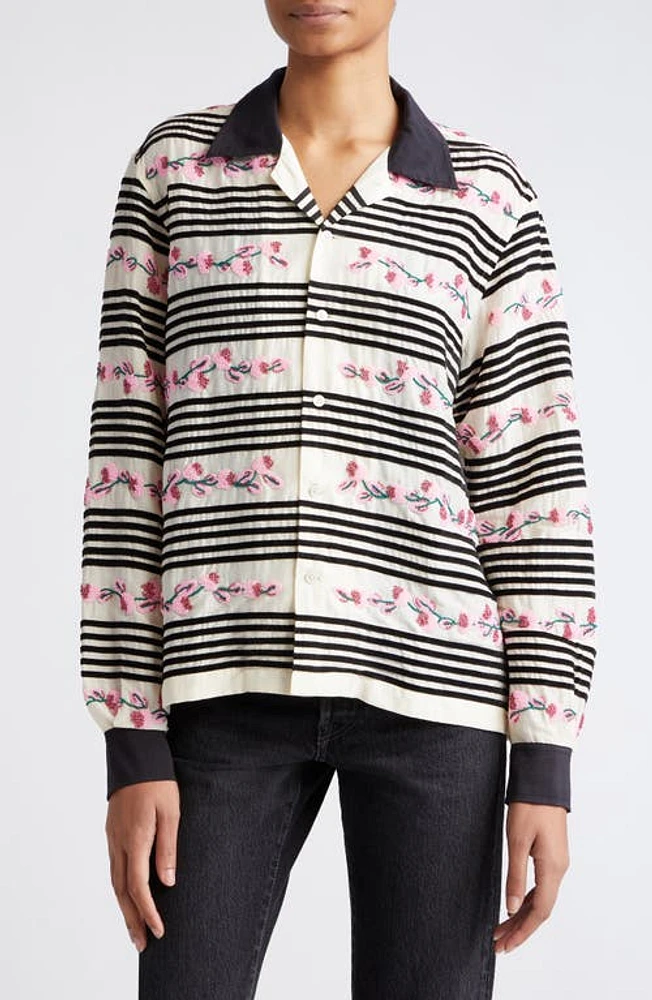 Bode Cherry Blossom Beaded Stripe Cotton & Silk Camp Shirt in Cream White at Nordstrom, Size Small