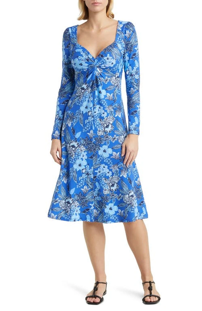 Lilly Pulitzer Claudia Floral Print Twist Front Long Sleeve Midi Dress in Alba Blue at Nordstrom, Size 4