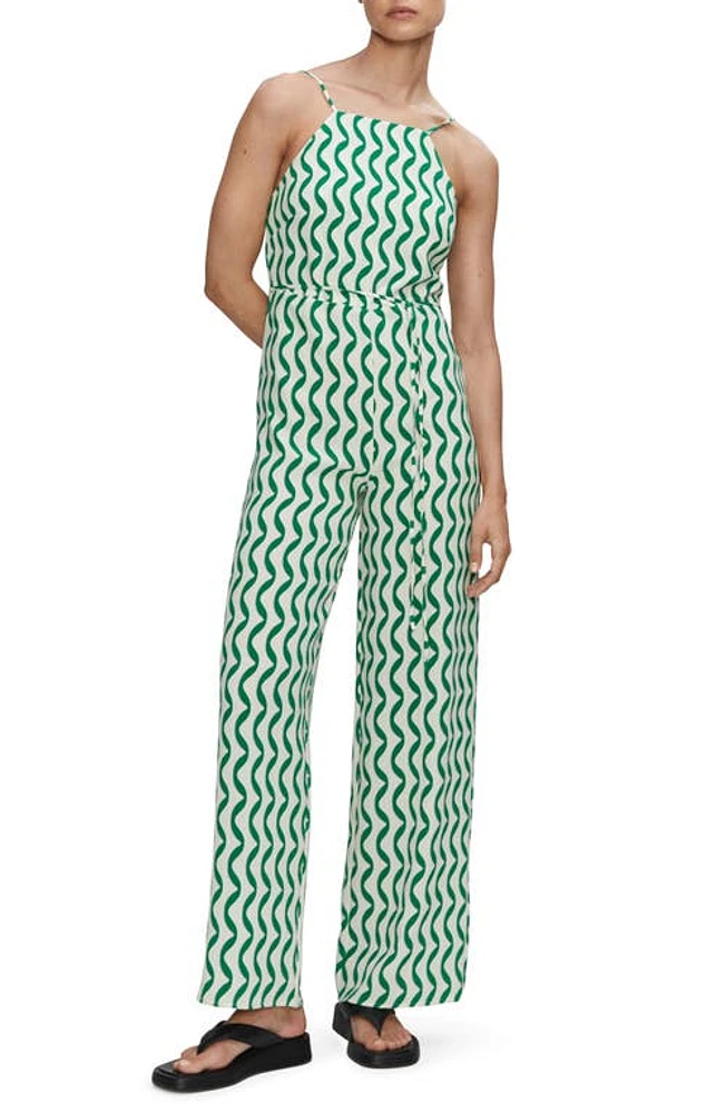 MANGO Cutout Back Belted Jumpsuit Green at Nordstrom,