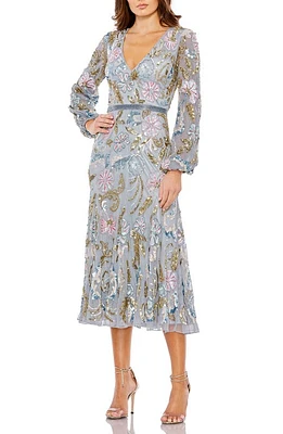 Mac Duggal Floral Sequin Long Sleeve A-Line Cocktail Dress Platinum Multi at Nordstrom,