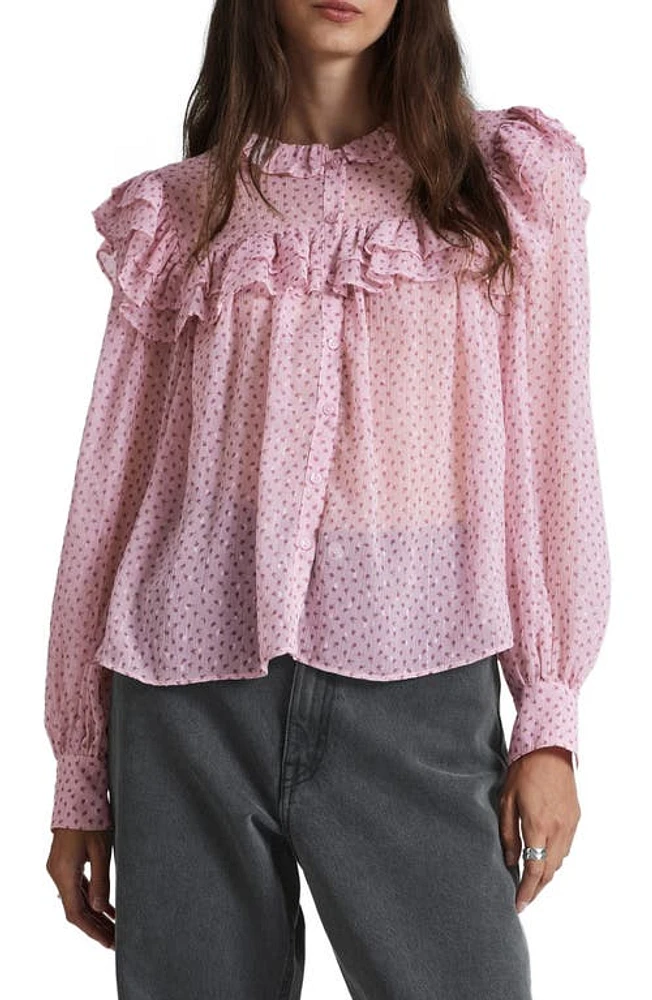 & Other Stories Metallic Floral Ruffle Button-Up Top Dusty Pink Tiny Flower Aop at Nordstrom,